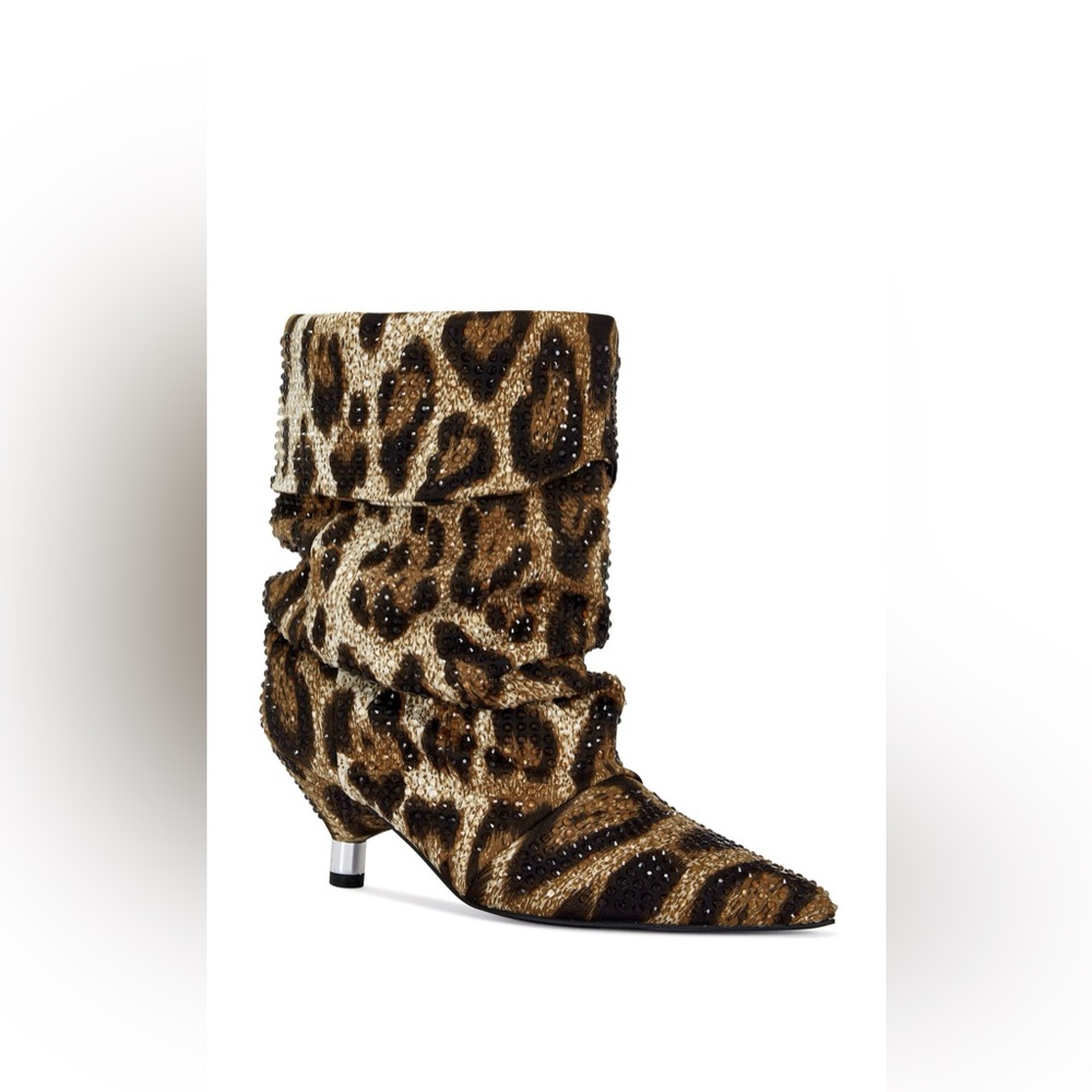 Leopard Print Rhinestone Kitten Heel Slouchy Booties - Azalea Wang